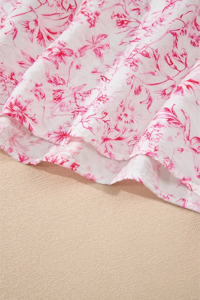 Pink Floral Ruffled Short Sleeve Bow Back Square Neck Blouse - Love Salve